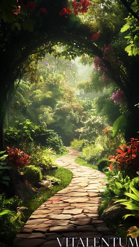 Curved stone garden path under dense floral archway in soft light