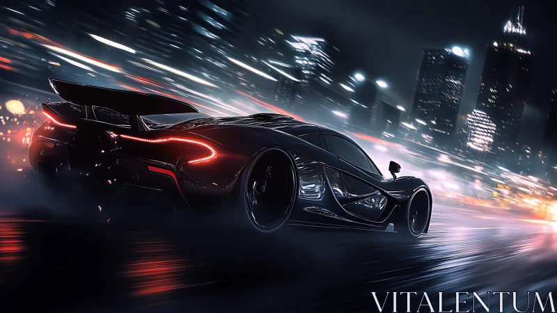 Midnight supercar gliding through neon city streets.