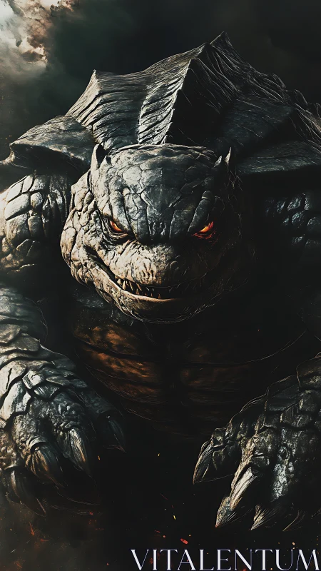 Titanic lava-eyed turtle kaiju emerging from dark smoke.