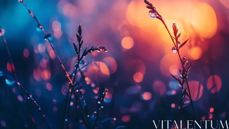 Macro plant stems with water droplets in bokeh light field.