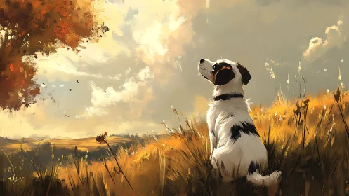 Canine silhouette in windswept autumn field, high-chroma digital painting.
