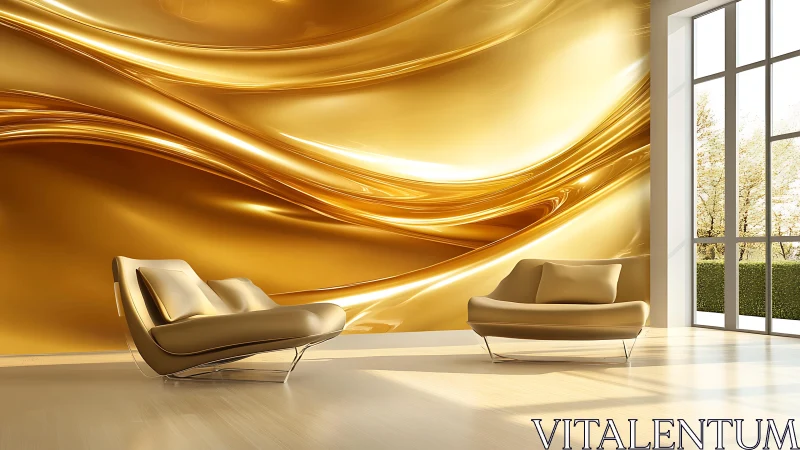 Modern lounge with gold abstract wall art and contemporary seating.