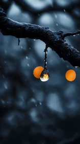 Macro raindrop on branch with amber bokeh lights at dusk.
