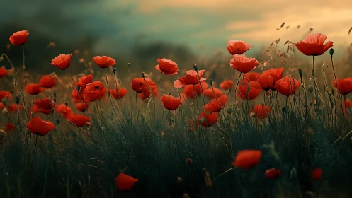 Red poppies in field at golden hour with atmospheric depth.