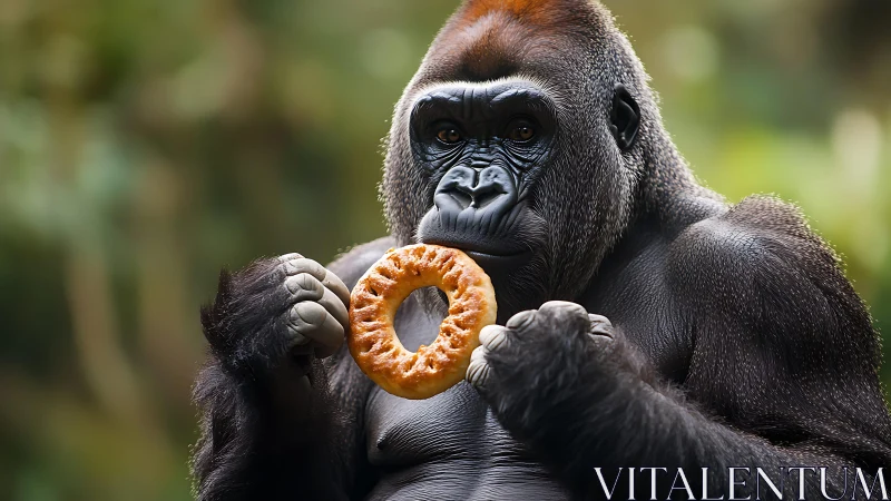 Gorilla holding a circular pastry in a blurred forest habitat.