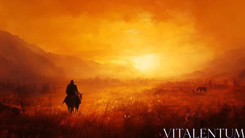 Lone rider crosses a blazing sunset frontier in silence.