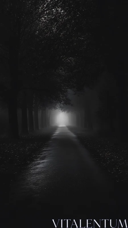 Dark forest road leading toward distant white light.