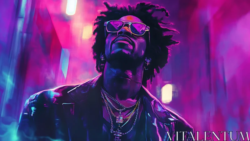 Neon drenched style icon walks through a glowing city night