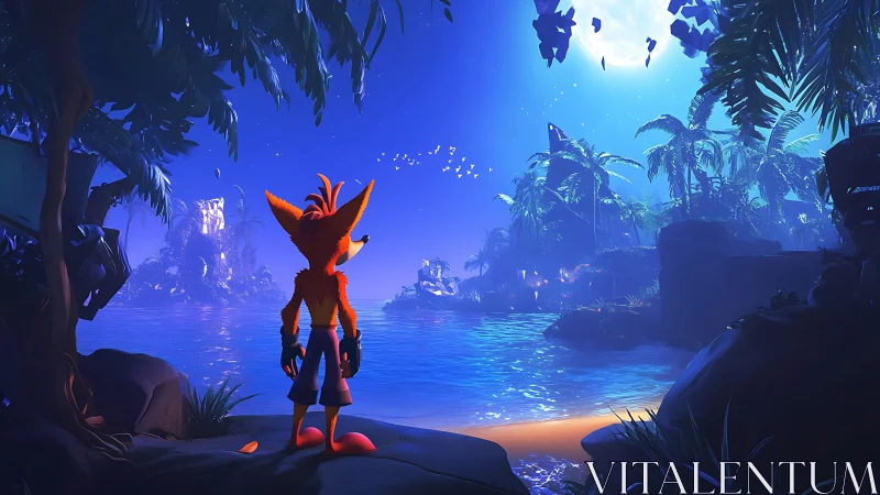 Anthropomorphic fox surveys neon-lit tropical moonlit cove.