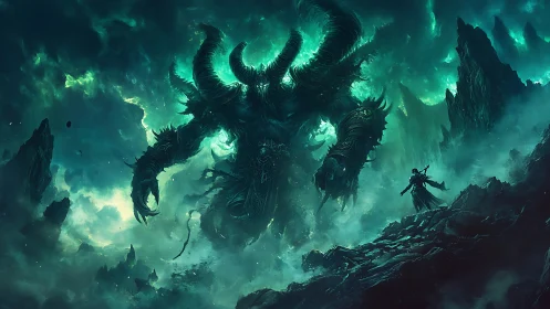 Colossal horned entity confronting lone figure in misty void.