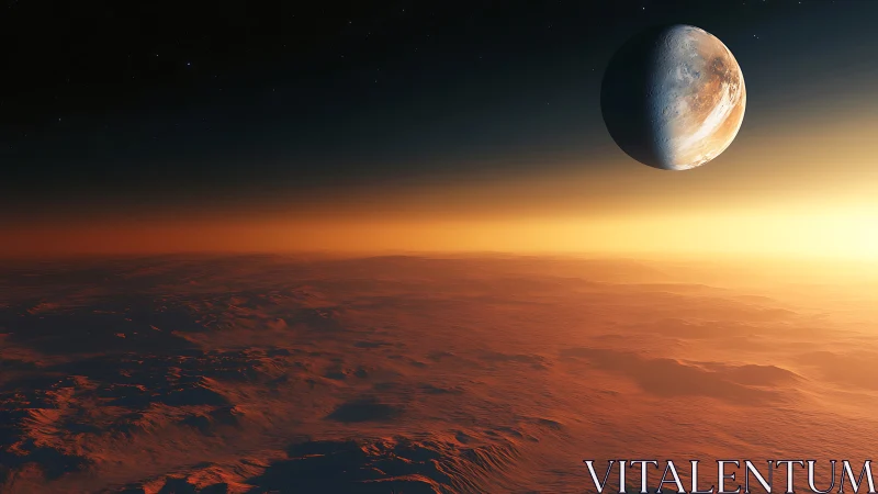 Terminator-lit exoplanet above irradiated desert horizon.