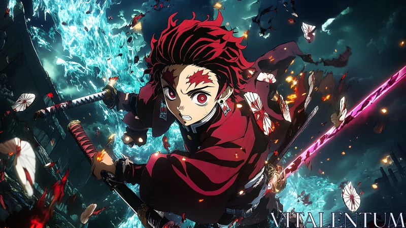 Sword-wielding anime fighter advances through turbulent battle scene