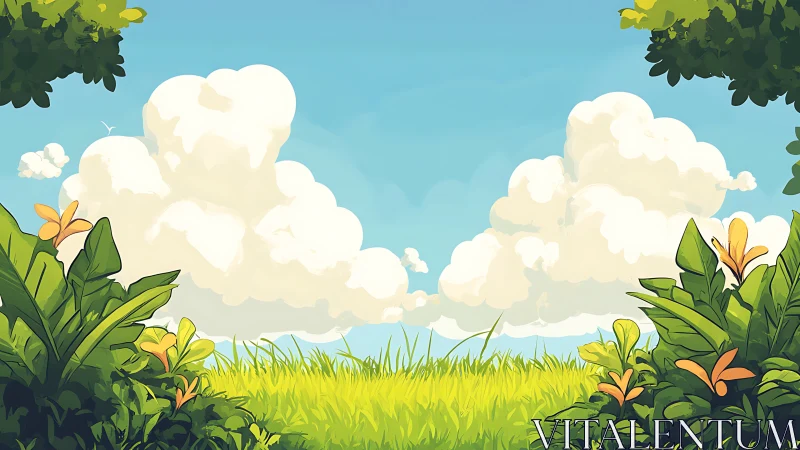 Cartoon landscape with grass, foliage and cumulus clouds.