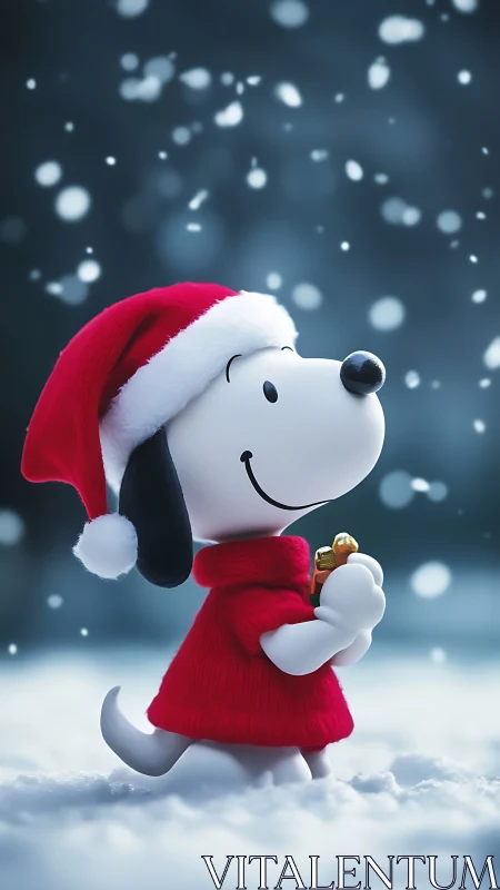 Cartoon beagle in Santa outfit walking through snowfall.