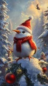 Festive winter bird portrait with Santa hat and ornaments.