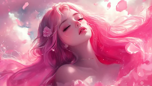 Dreamlike pink haired woman in floating rose petal clouds