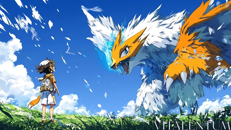 Boy facing giant feathered beast under vivid blue sky.