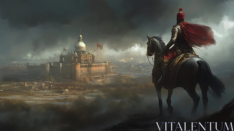 Armored horseman surveys fortified domed citadel under storm clouds