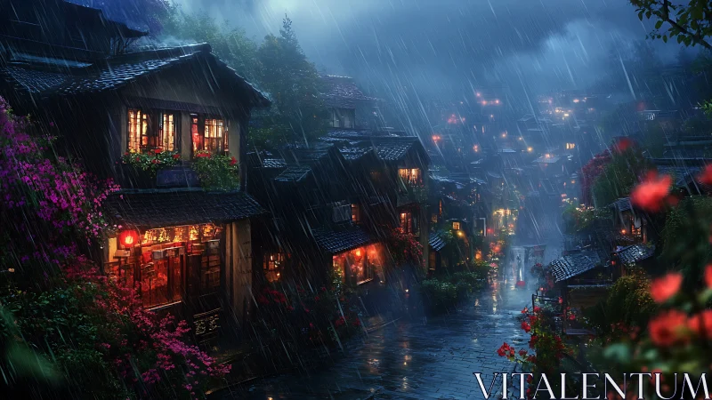 Cozy lantern lit village street glowing in a gentle night rain.