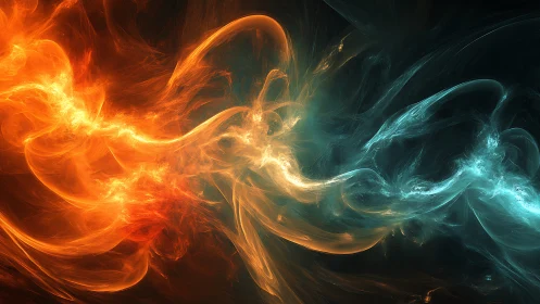 Fiery orange and cool teal energy streams collide in motion.