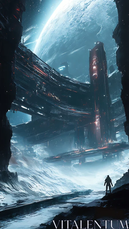 Lone explorer surveys colossal orbital fortress above ice world