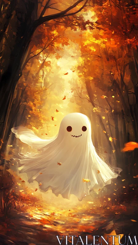 Cartoon ghost figure in illuminated autumn forest scene.