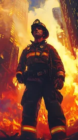 Brave Firefighter in Flames: A Hero's Determined Stand.
