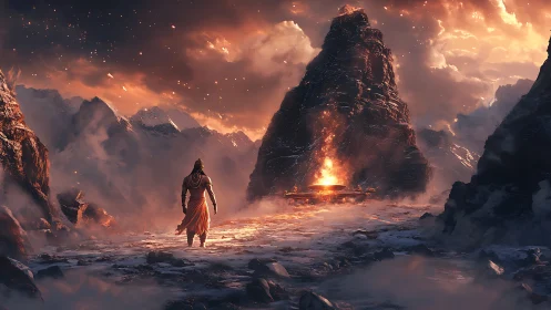 Lone ascetic approaches blazing altar in frozen pass.