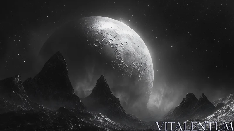 Gentle moonrise over mysterious alien mountainscape.