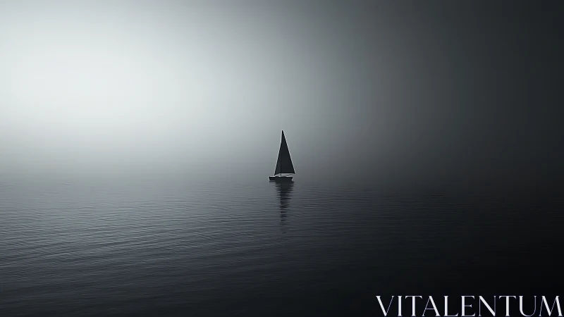 Solitary monohull sailboat in fog on calm reflective water