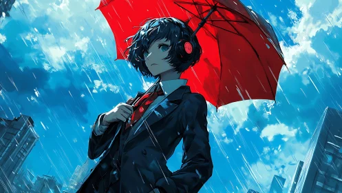 Stormwalking rebel under a defiant red umbrella sky.