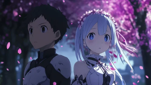 Anime duo under sakura canopy in soft rim-lit focus period.