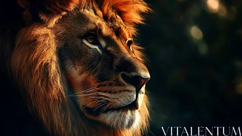 Majestic lion portrait in golden rim light profile view.