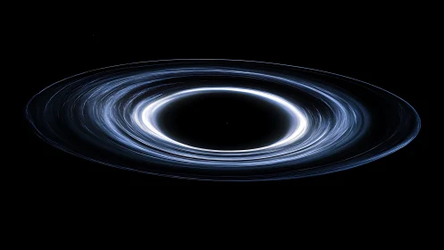 Black hole with luminous accretion disk on dark backdrop.