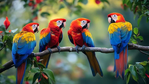 Four Scarlet Macaws Perched on Branch in Vibrant Nature Scene.