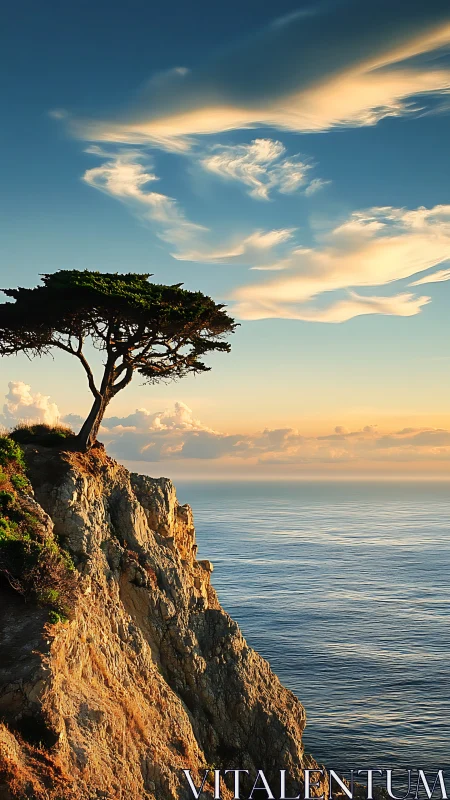 Lone seaside tree welcoming sunset above sunlit cliffs.