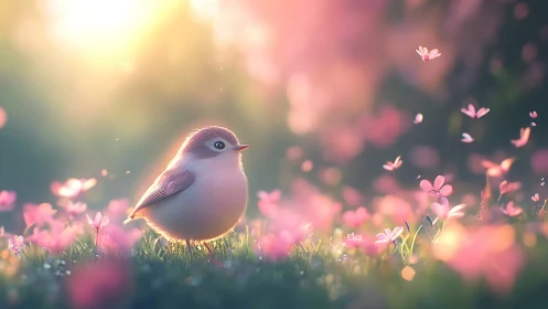 Gentle sunrise moment with a dreamy pink garden bird.