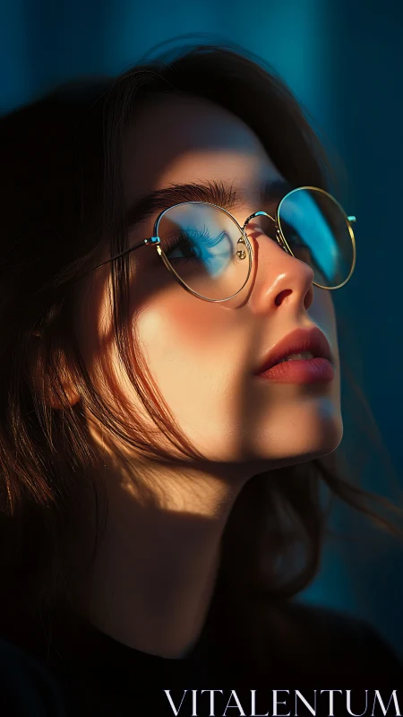 Portrait shows woman in round glasses lit by angled sunlight