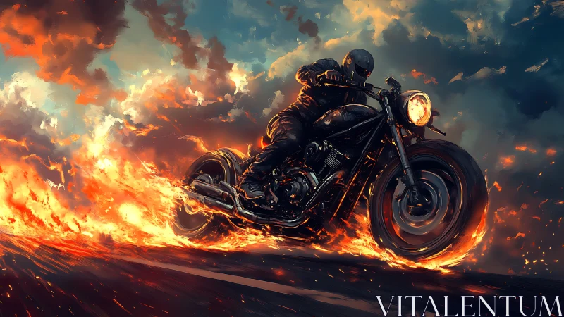 Motorcycle comet tears open a blazing highway through dusk