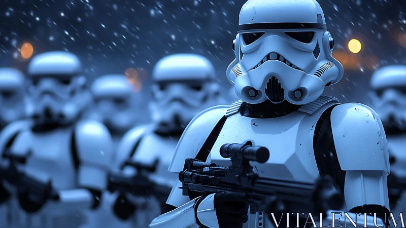 Photorealistic stormtrooper phalanx in cinematic snowfall scene.