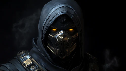 Hooded masked figure with glowing eyes in dark backdrop.