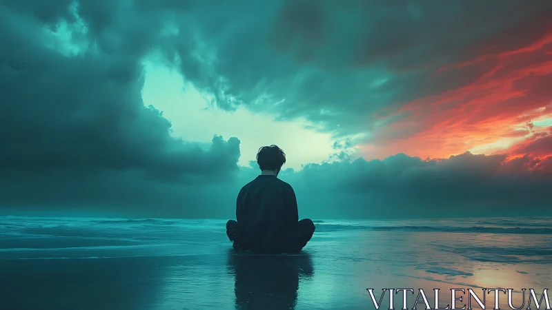 Solitary figure seated on reflective shoreline at dusk.