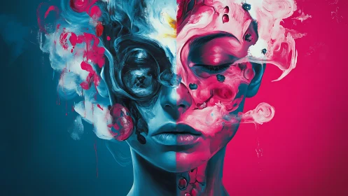 Dual-toned surreal portrait dissolves into abstract smoke.