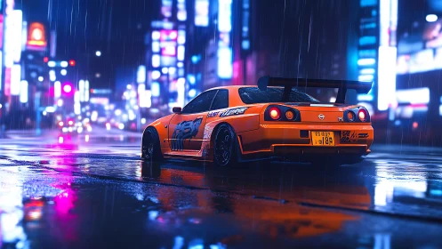 Orange drift car idles in neon drenched cyberpunk city rain