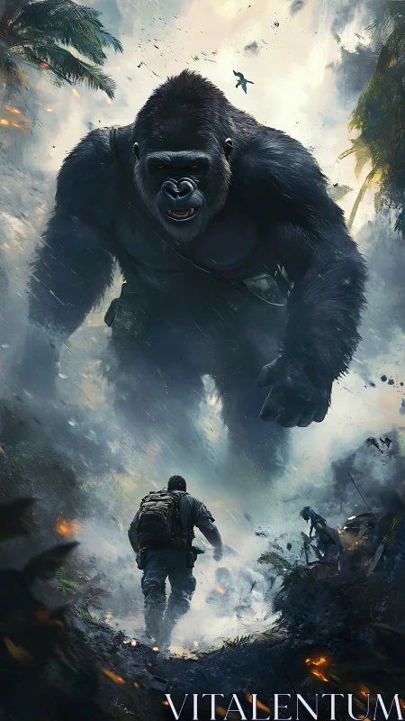 Giant jungle gorilla storms through smoky battlefield haze.