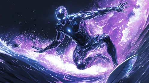 Cosmic chrome surfer rides glowing violet galactic waves tonight