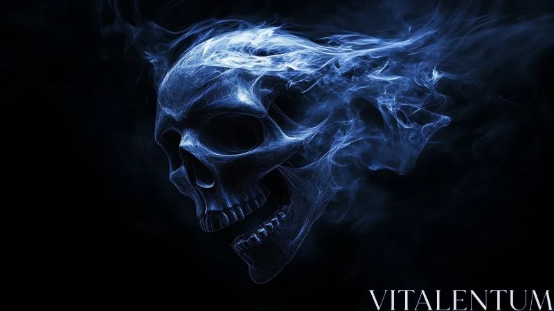 Translucent blue skull rendered as dispersing smoke form