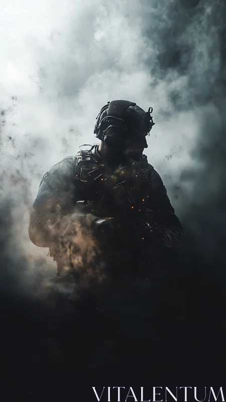 Heavily equipped soldier silhouette in dense battlefield smoke.