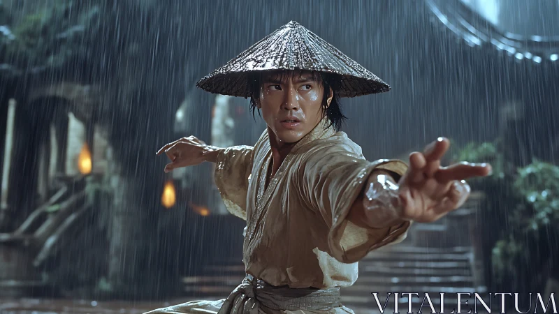 Martial artist holds a steady stance under the pouring rain