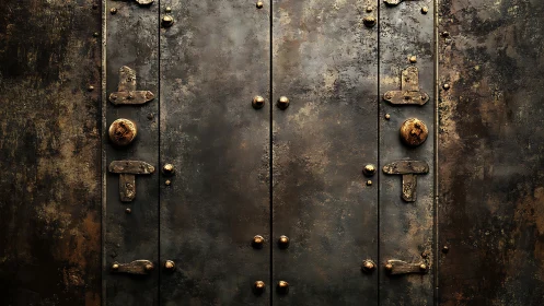 Weathered iron vault doors with distressed golden patina.